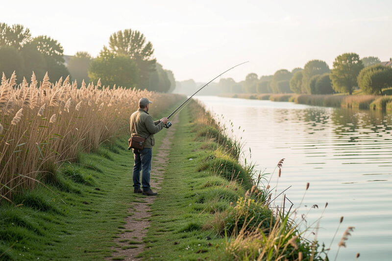 Pêcheur marchant sur un sentier d'herbe rase le long d'un chenal de Loire, canne tenue basse le long de la berge, roseaux hauts d'un côté et eau verte de l'autre au petit matin.