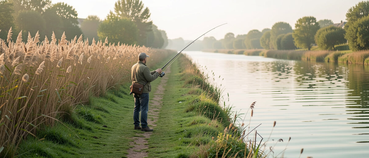 Pêcheur marchant sur un sentier d'herbe rase le long d'un chenal de Loire, canne tenue basse le long de la berge, roseaux hauts d'un côté et eau verte de l'autre au petit matin.