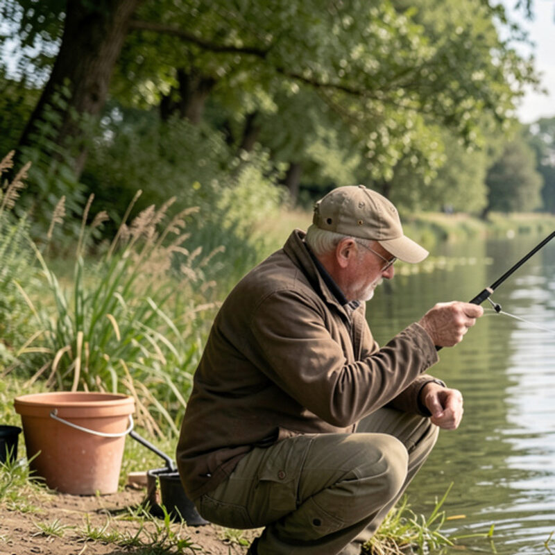 Pêcheur accroupi sous des arbres de rive, canne tendue au-dessus d'une eau lente, seau et bassine posés dans l'herbe, rive opposée boisée au loin.