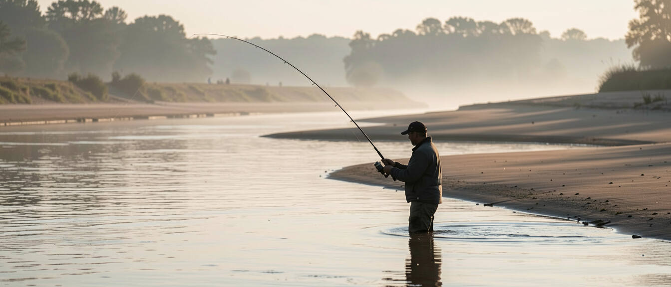 Pêcheur debout à mi-cuisse dans un grand fleuve au petit matin, canne courbée vers l'aval, longue langue de sable découverte à droite, brume basse au-dessus de l'eau et rive boisée au loin.