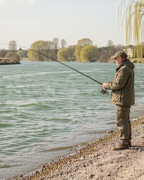 Le chenal du fleuve en large au matin de printemps, courant lisse sous un ciel clair, banc de graviers découvert à droite et silhouette du pêcheur à contre-jour.