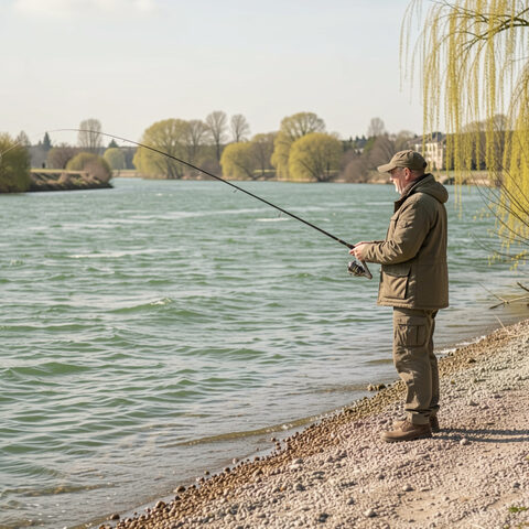 Détail recadré au carré : l'eau vive sur un haut-fond de graviers, surface ridée par le courant, branches basses et feuillage tendre au bord du cadre.