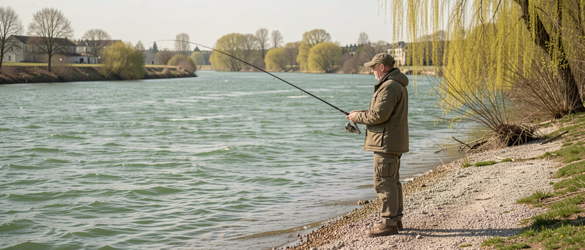 Loire au printemps vue depuis la berge, eau verte haute qui coule sur des graviers clairs, jeunes feuilles de saule le long de la rive, pêcheur isolé debout sur le bord.