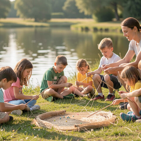Détail recadré au carré : les mains d'un enfant sur la poignée d'une canne tenue au-dessus de l'eau, l'adulte penché à côté, épuisette et seau posés dans l'herbe humide.