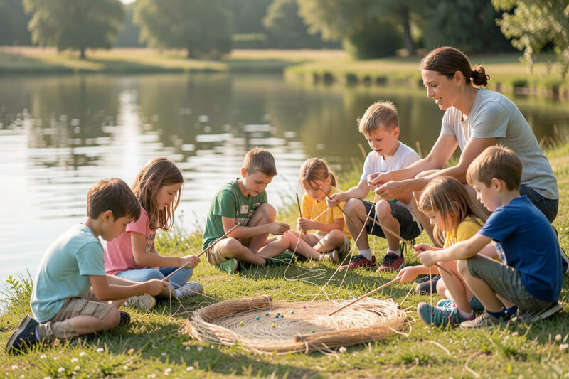 Enfants assis en demi-cercle au bord d'un plan d'eau tourangeau, guidés par un adulte qui montre un geste, épuisette posée sur l'herbe rase, lumière douce de matinée, eau verte immobile derrière le groupe.