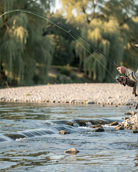 Le pêcheur vu de profil dans le courant, canne inclinée en arrière, soie tendue vers l'amont, feuillage de rive et eau claire sur le fond du cadre.