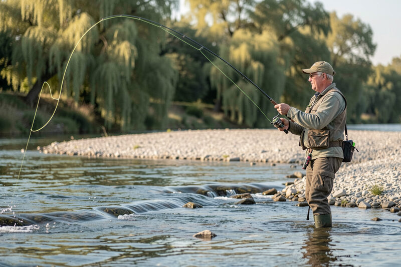 Pêcheur lançant une soie au-dessus d'un radier peu profond de rivière tourangelle, longue canne tenue haute, banc de graviers et saules derrière lui, lumière du matin sur l'eau.