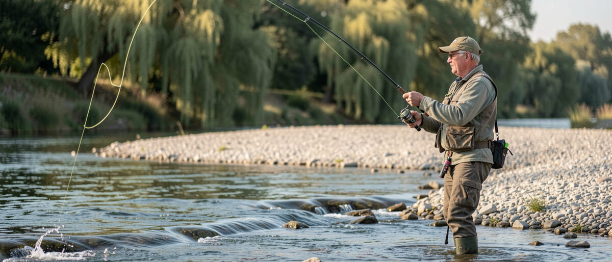 Pêcheur lançant une soie au-dessus d'un radier peu profond de rivière tourangelle, longue canne tenue haute, banc de graviers et saules derrière lui, lumière du matin sur l'eau.