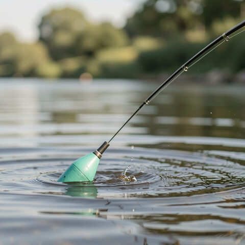 Détail recadré au carré : la ligne qui coupe la surface et les premiers cercles du remous, flotteur discret posé au-dessus du plomb, eau verte et profonde.