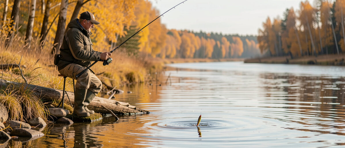 Pêcheur debout dans l'eau à mi-cuisse, arbres de berge passés au roux et au jaune derrière lui, poisson nageur posé à la surface près d'un herbier, lumière basse d'automne.