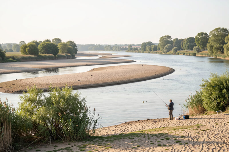 Vue large d'un bras de Loire entre des bancs de graviers clairs, chenal d'eau verte au centre, peupliers alignés sur la berge, deux pêcheurs minuscules à gauche et un homme dans l'eau.