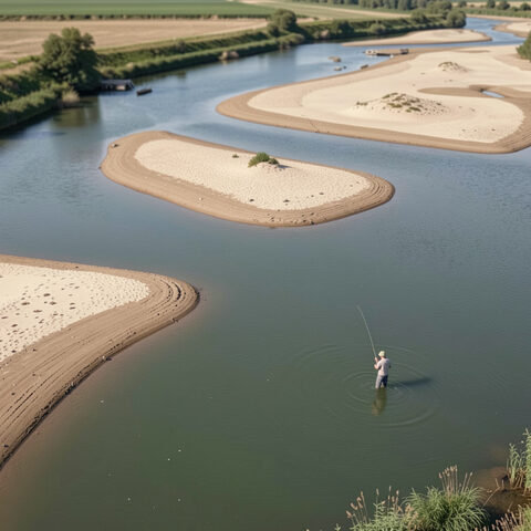 Détail recadré au carré : la pointe d'une île de graviers séparant deux courants, eau claire sur le haut-fond, trace sombre du chenal, sable mouillé au premier plan.