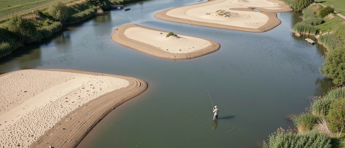 Vue haute d'un bras de la Loire entre deux îles de graviers, bancs de sable clairs et chenal vert, alignements de peupliers sur la rive droite, un pêcheur minuscule debout dans l'eau au centre.